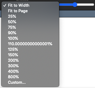 FretZone's zoom control options, showing the same options as those of Guitar Pro, but 110% is instead 110.0000000000000001%