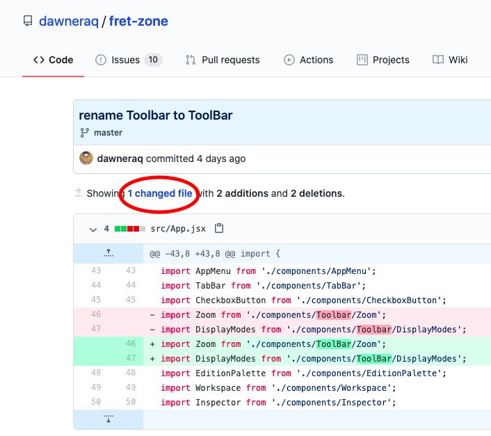 Screenshot from GitHub showing the summary of a simple renaming commit I'd recently made. The inserted/deleted lines show that any imports referencing the folder `Toolbar` (with a lowercase 'b') now reference `Toolbar` (with a capital 'B'.)