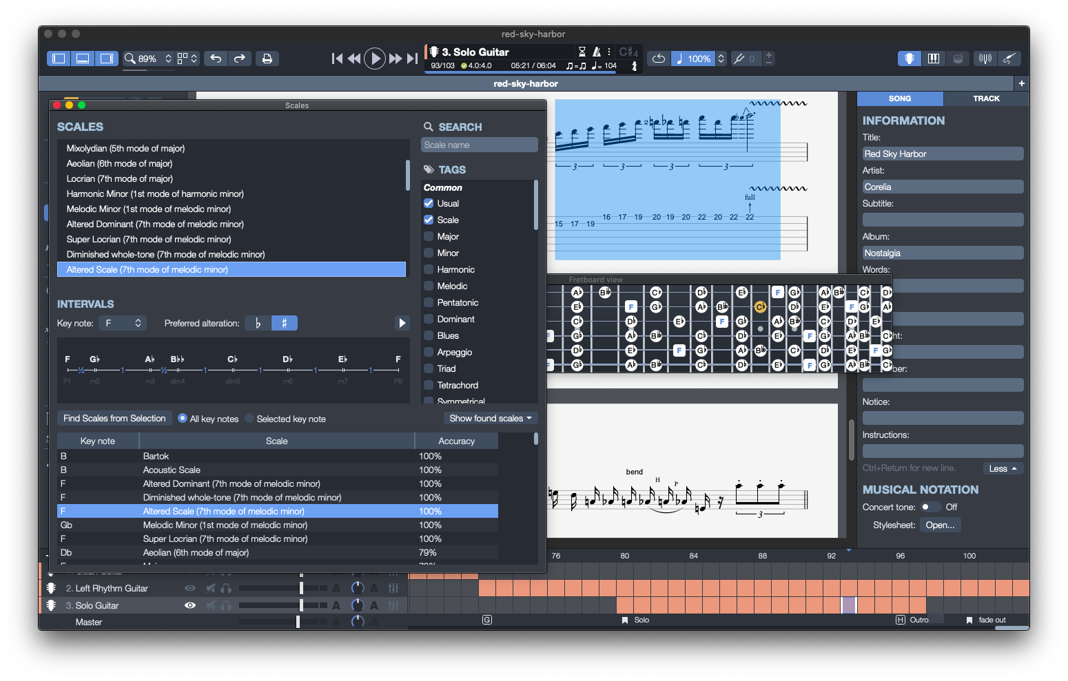Screenshot of Guitar Pro 7. The opened document shows the guitar solo for 'Red Sky Harbor' by Corelia. One of the final measures of the solo has been selected, and Guitar Pro has determined that these notes follow an F altered scale.