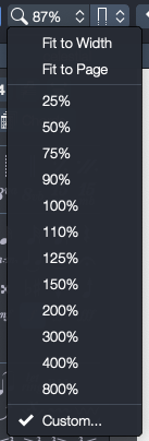 Guitar Pro 7's zoom control, showing dropdown options including 25%, 100%, 800%, Fit to Width, Fit to Page, and Custom