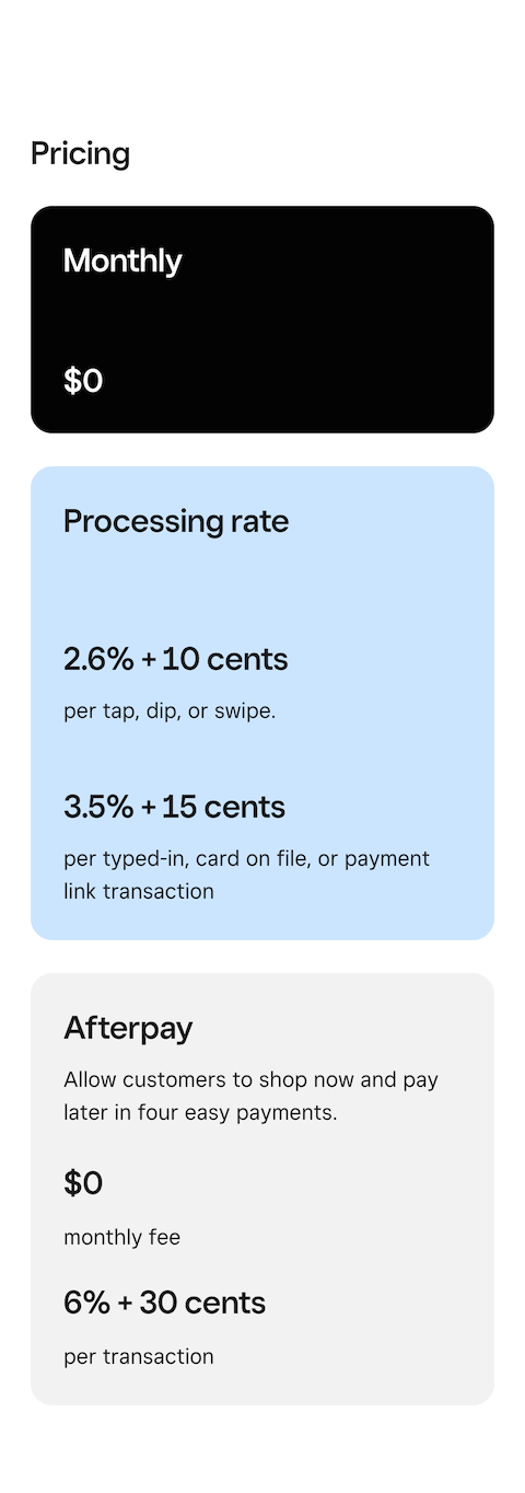 Virtual Terminal pricing section - mobile, large