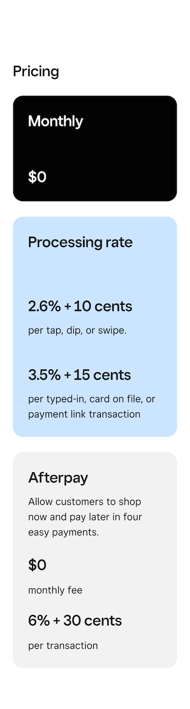Virtual Terminal pricing section - mobile, small